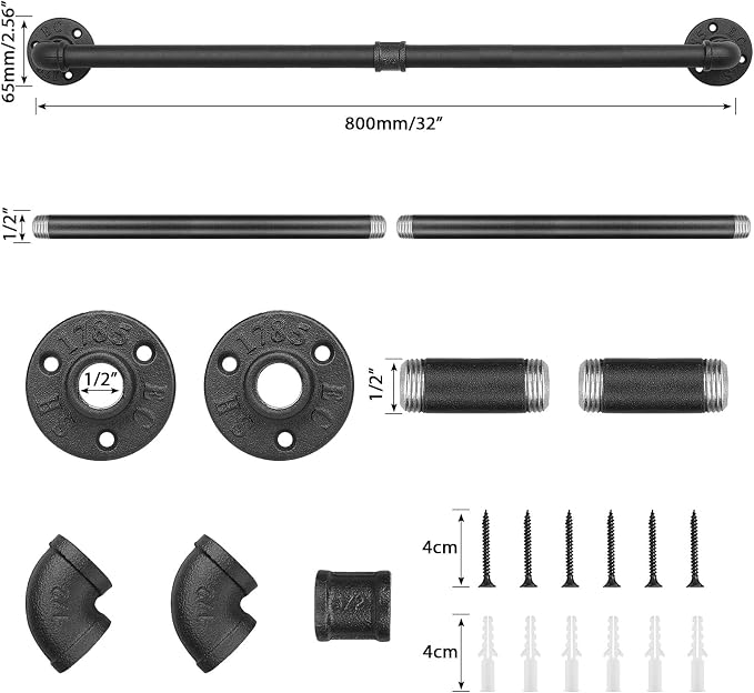 Industrial Pipe Towel Rack Towel Bar, Heavy Duty Wall Mounted Rustic Farmhouse Bath Towel Holder for Bathroom (Black, 32 inch)