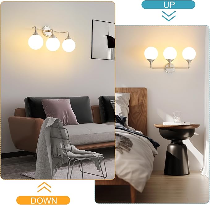 Brushed Nickel Bathroom Light Fixtures Over Mirror Vanity 3-Light | Mid Century Modern Brushed Nicke Wall Sconce with Milky White Glass Ball Shades for for Bathroom Dressing Table Bedroom