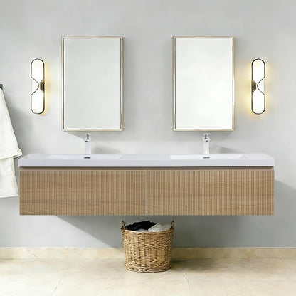 72" Floating Bathroom Vanity with Double Sinks, Wall-Mounted Striped Oak Cabinet, Soft-Close Drawer, Glossy White Basins & Natural Oak Finish - Elegant Large Bathroom Storage Solution