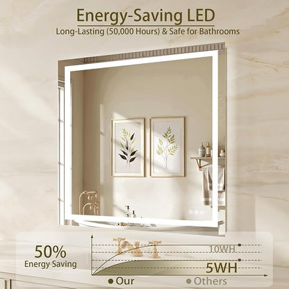 36"x36" LED Bathroom Mirror with Lights, Anti-Fog, Backlit+Frontlit | CRI 95, Stepless Dimmable, 3 Colors Lighting, Shatterproof Tempered Glass, HD Reflection, Memory, (Horizontal/Vertical)