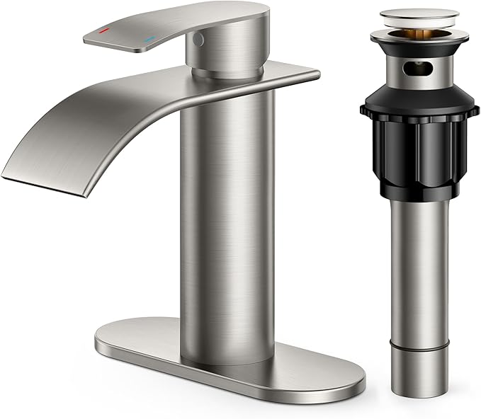FORIOUS Waterfall Bathroom Faucet 1 Hole, Brushed Nickel Single Handle Bathroom Sink Faucets for 1 or 3 Hole with Deck Plate, Metal Pop up Drain, cUPC Hoses for Vanity, Basin, Rv, Lavatory Sink