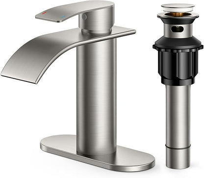 FORIOUS Waterfall Bathroom Faucet 1 Hole, Brushed Nickel Single Handle Bathroom Sink Faucets for 1 or 3 Hole with Deck Plate, Metal Pop up Drain, cUPC Hoses for Vanity, Basin, Rv, Lavatory Sink