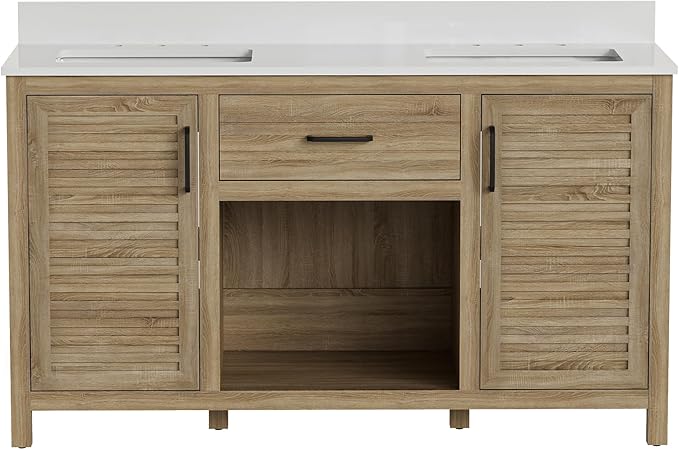 60" Brown Bathroom Vanity with Double Ceramic Sinks | Pre-Assembled Bathroom Vanity Cabinet with Quartz Countertop & cUPC Ceramic Basins, Modern Freestanding Bath Cabinet with Soft-Close Doors