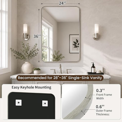 24x36 Inch Brushed Nickel Rounded Rectangle Bathroom Vanity Mirror | For Over-Sink Bathrooms, Corrosion-Resistant Aluminum Frame, Slim Front Profile, Two-Way Mount, Protective Packaging