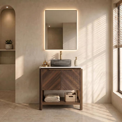 Yayzy 30 Inch Bathroom Vanity with Sink, Freestanding Dark Walnut Bathroom Cabinet, Smoky Gray Glass Vessel Sink, Carrara White Sintered Stone Countertop, Soft Close Doors, Open Storage Shelf