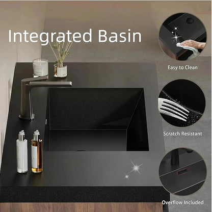 60'' Floating Bathroom Vanity with Sink, Wall-Mounted Bathroom Storage Cabinet with 2 Soft-Close Striped Drawers & Double Quartz Sand Basins, Smoked Walnut Body with Internal Handle, Black