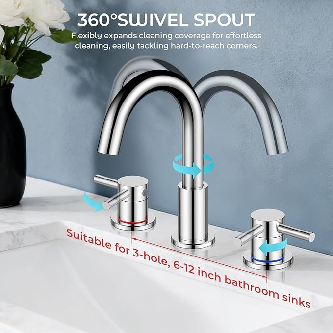 FGKQ Bathroom Faucet for Sink 3 Hole, Chrome Bathroom Sink Faucet with Pop-Up Drain and Water Supply Lines, 8 inch Widespread Vanity Faucet 2 Handle with 360° Swivel