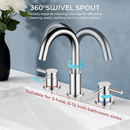 FGKQ Bathroom Faucet for Sink 3 Hole, Chrome Bathroom Sink Faucet with Pop-Up Drain and Water Supply Lines, 8 inch Widespread Vanity Faucet 2 Handle with 360° Swivel