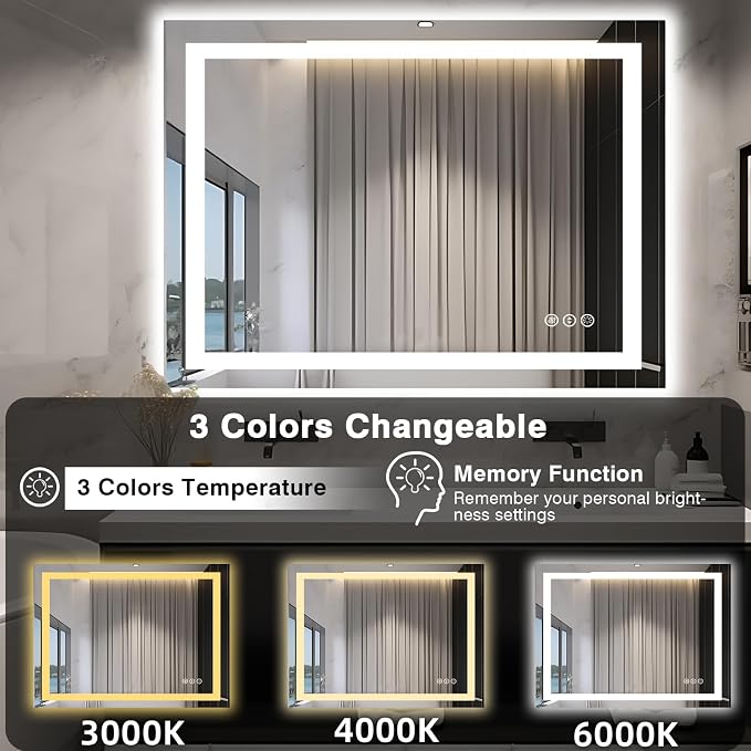 EchosLife 48"x40" LED Lighted Bathroom Mirror | Backlit + Front Lit, Anti-Fog, Stepless Dimmable, 3 Colors, Memory, Tempered Glass, UL Listed, Horizontal/Vertical