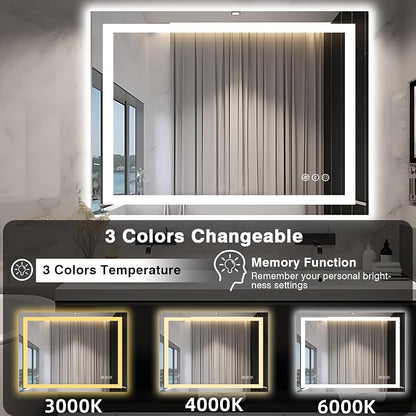 EchosLife 48"x40" LED Lighted Bathroom Mirror | Backlit + Front Lit, Anti-Fog, Stepless Dimmable, 3 Colors, Memory, Tempered Glass, UL Listed, Horizontal/Vertical