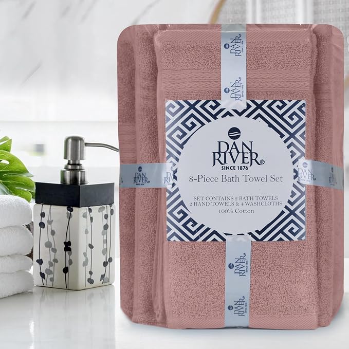 DAN RIVER 8 Piece Luxury Bath Towels for Bathroom, Towel Set, Dusty Rose | 2 Bath towels, 2 Hand towels, and 4 Wash Cloths, 600 GSM 100% Ring Spun Cotton, Highly Absorbent, Gym, Hotel, guest, and Spa