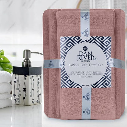 DAN RIVER 8 Piece Luxury Bath Towels for Bathroom, Towel Set, Dusty Rose | 2 Bath towels, 2 Hand towels, and 4 Wash Cloths, 600 GSM 100% Ring Spun Cotton, Highly Absorbent, Gym, Hotel, guest, and Spa