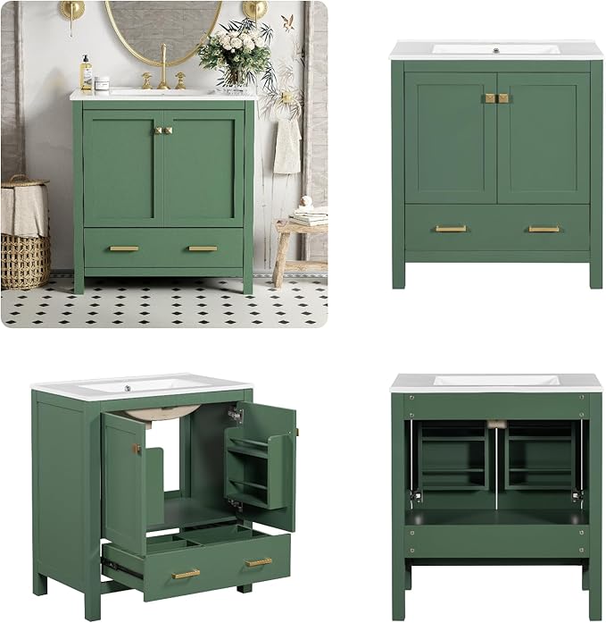 30" Freestanding Bathroom Vanity with Sink, Floor Stand Bathroom Storage Cabinet with Ceramic Sink, Doors with Double-Layered Storage Shelves, Modern Compact Vanity with Divided Drawer, Green