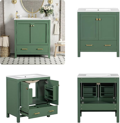 30" Freestanding Bathroom Vanity with Sink, Floor Stand Bathroom Storage Cabinet with Ceramic Sink, Doors with Double-Layered Storage Shelves, Modern Compact Vanity with Divided Drawer, Green