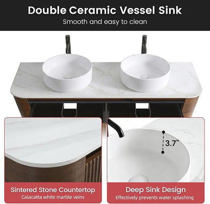 60" Floating Bathroom Vanity with Double White Vessel Sink, Walnut | Pre-Assembled Fluted Wall Mounted Vanity with Ceramic Sink, Sintered Stone Countertop, Soft-Close Drawer & Towel Rack