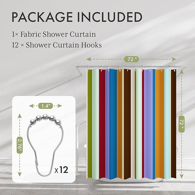 AmazerBath Colorful Vertical Stripes Shower Curtain, Cute Stripe Bathroom Shower Curtain Set with 12 Shower Curtain Hooks, Rustic Fabric Shower Curtain, 72x72 Inches