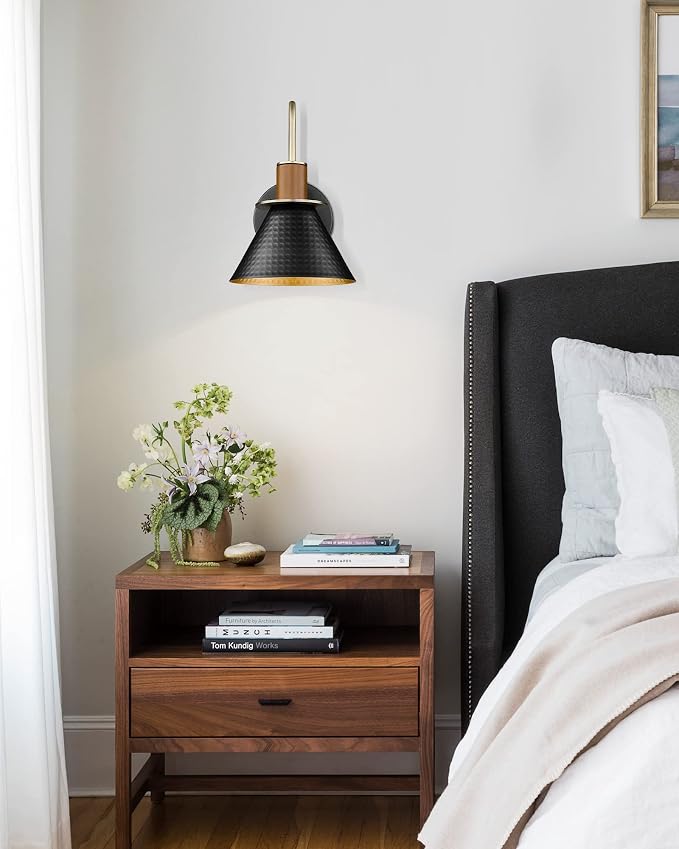 Modern Wall Sconces Set of Two, HWH Industrial Sconce Wall Lighting Indoor Wall Lamp, 1-Light Barn Vanity Light, Hammered Metal Shade, Black and Gold Finish, 5HZG74B-2 BK+BG
