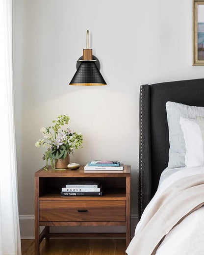 Black Wall Sconce, HWH Industrial Indoor Sconce Light Fixture, Single Wall Vanity Light Black Barn Wall Lamp with Hammered Metal Shade, Black and Gold Finish, 5HZG74B BK+BG