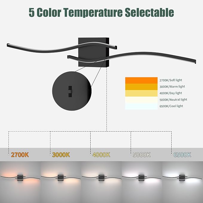 LED Bathroom Vanity Light 5CCT 32in, Black | 2700K-6500K selectable, CRI>80, rust-proof metal & acrylic, ETL certified, for bathroom mirrors, washrooms, vanity areas