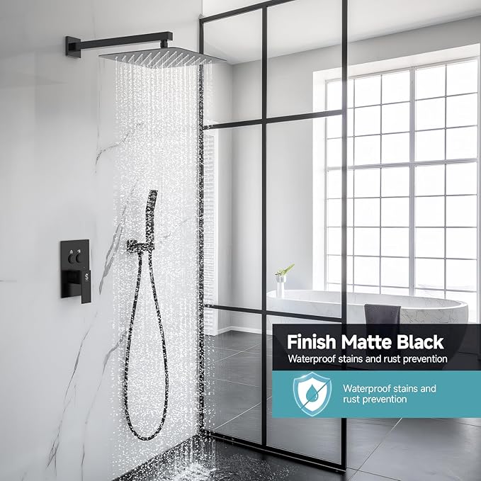 SR SUN RISE Shower System with Push Button Diverter, Wall Mounting Luxury 10 Inch Rain Shower Head with Handheld Spray, High Pressure Shower Faucet Combo Set with Rough-in Valve, Matte Black