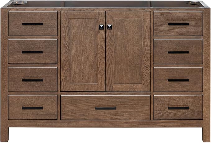 ARIEL Cambridge 54-inch Bathroom Vanity Base Cabinet,Solid Wood, 2 Soft Closing Doors, 9 Dovetail Drawers, Brown Oak