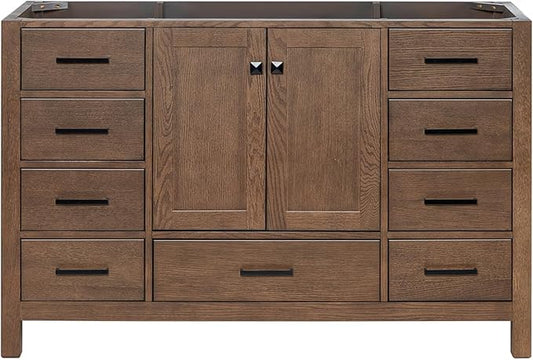 ARIEL Cambridge 54-inch Bathroom Vanity Base Cabinet,Solid Wood, 2 Soft Closing Doors, 9 Dovetail Drawers, Brown Oak