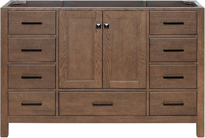 ARIEL Cambridge 54-inch Bathroom Vanity Base Cabinet,Solid Wood, 2 Soft Closing Doors, 9 Dovetail Drawers, Brown Oak