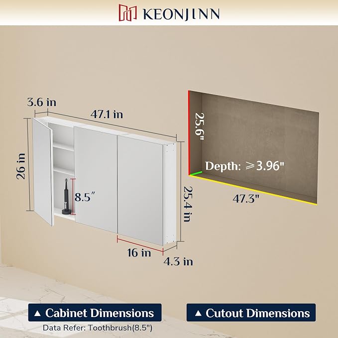 Keonjinn 48x26 Inch White Bathroom Medicine Cabinets Mirror, Tempered Glass | Assembly Required, Lightweight Aluminum Frame, Adjustable Shelves, Surface Mount or Recessed, HD Tempered Glass, Soft Close