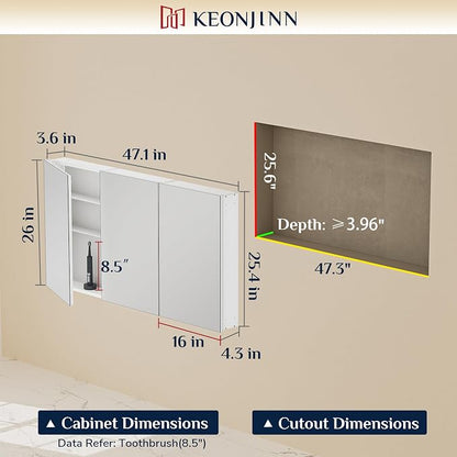 Keonjinn 48x26 Inch White Bathroom Medicine Cabinets Mirror, Tempered Glass | Assembly Required, Lightweight Aluminum Frame, Adjustable Shelves, Surface Mount or Recessed, HD Tempered Glass, Soft Close