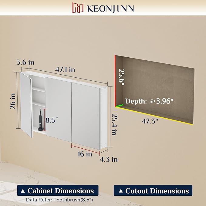 Keonjinn 48 x 26 Inch Bathroom Medicine Cabinets Mirror, Adjustable Shelves | Assembly Required, Lightweight Aluminum Frame, Surface Mount or Recessed, HD Tempered Glass, Soft Closing DTC Hinges, Large
