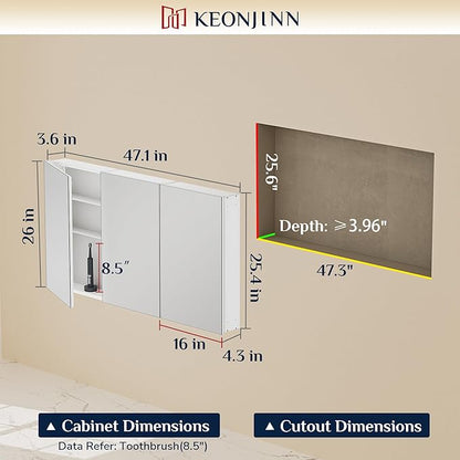 Keonjinn 48 x 26 Inch Bathroom Medicine Cabinets Mirror, Adjustable Shelves | Assembly Required, Lightweight Aluminum Frame, Surface Mount or Recessed, HD Tempered Glass, Soft Closing DTC Hinges, Large