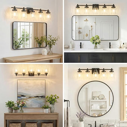 5 Light Bathroom Light Fixtures Farmhouse Black Vanity Lights | ETL Certificate, Easy to Install,Wall Mount Up or Down,Hammered Glass Lampshade,E26 Socket,Hardwired,120V