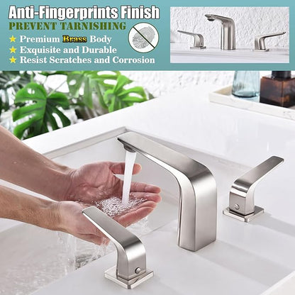 TOCALOCA Widespread Bathroom Faucet 3 Hole Bathroom Sink Faucet Brushed Nickel 2 Handles Vanity Faucet Brass, Anti-Fingerprint Modern Bathroom Basin Faucet