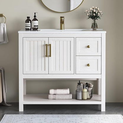 36 Inch Bathroom Vanity with Sink, White | Modern Vanity with gold hardware, integrated SMC sink, 2 drawers, open shelf storage, soft-close doors and adjustable feet