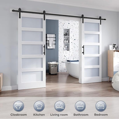 Double 28×84 Inch Glass Barn Door Slab and 10ft Hardware Kit Included, 5 Frosted Glass, LVL Wood Panel Covered with White Water-Proof Scratch-Proof PVC Surface, Simple DIY Assembly