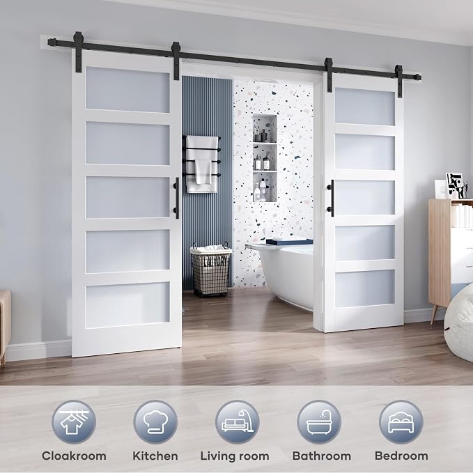 Double 32×80 Inch Glass Barn Door Slab and 11ft Hardware Kit Included, 5 Frosted Glass, LVL Wood Panel Covered with White Water-Proof Scratch-Proof PVC Surface, Simple DIY Assembly