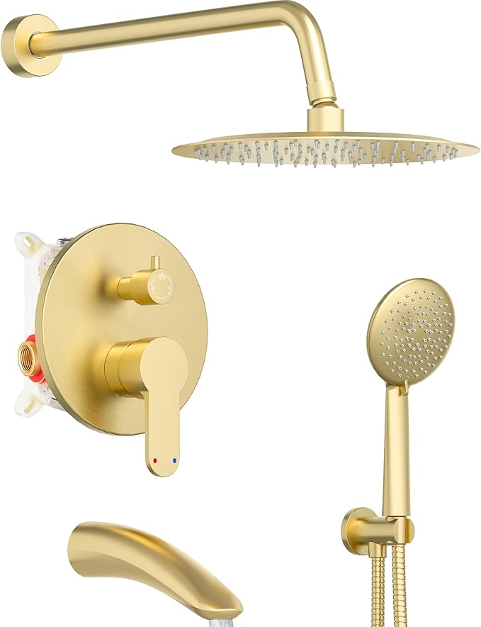 Gabrylly Shower System with Tub Spout, Bathtub Shower Faucet Set with 12" Rain Shower head and 5-Setting Handheld Shower, Wall Mounted Shower Fixtures with Pressure Balance Shower Valve, Brushed Gold