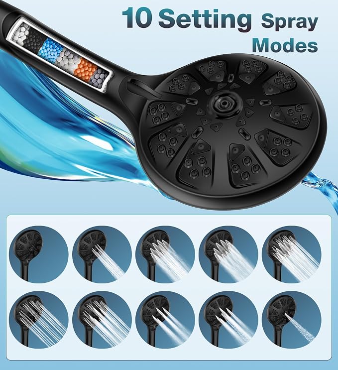 High Pressure Black Dual Filtered Rain Shower Head Combo for Hard Water | 10 Modes Handheld Shower Head Built in Water Filtration, 6 inch Rainfall Shower Head with Filter to Soft Water