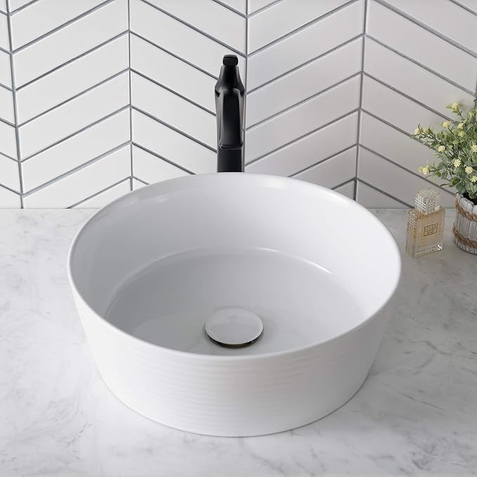 KRAUS Viva™ Round White Porcelain Ceramic Vessel Bathroom Sink, 15 3/4 in. D x 5 3/8 in. H, KCV-205GWH