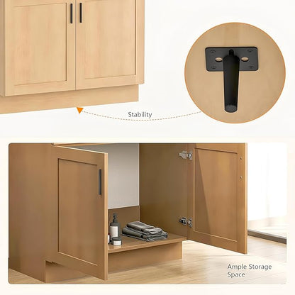 36 Inch Bathroom Vanity with Sink, Farmhouse Style Natural Wood Grain, Double Door Open Storage, Thickened Material & Sturdy Frame, Freestanding Ceramic Sink Vanity(Natural Oak)