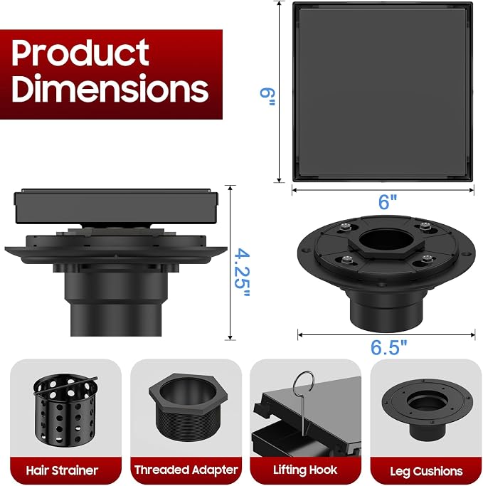 DLONE® Shower Drain | 6 Inch Matte Black with Tile Insert Panel | Square Shower Drain ,with Hair Catcher, Shower Floor Drain Fits Bathroom, Balcony etc