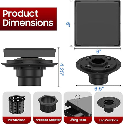 DLONE® Shower Drain | 6 Inch Matte Black with Tile Insert Panel | Square Shower Drain ,with Hair Catcher, Shower Floor Drain Fits Bathroom, Balcony etc