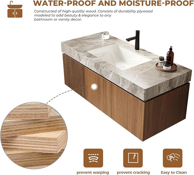 LKTART Floating 48 Inch Bathroom Vanity with Sink, Modern Plywood Wall Mounted Bathroom Storage Cabinet with 2 Doors and 1 Drawer, Light Gray Sintered Stone Countertop and Ceramic Basins
