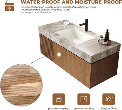 LKTART Floating 48 Inch Bathroom Vanity with Sink, Modern Plywood Wall Mounted Bathroom Storage Cabinet with 2 Doors and 1 Drawer, Light Gray Sintered Stone Countertop and Ceramic Basins