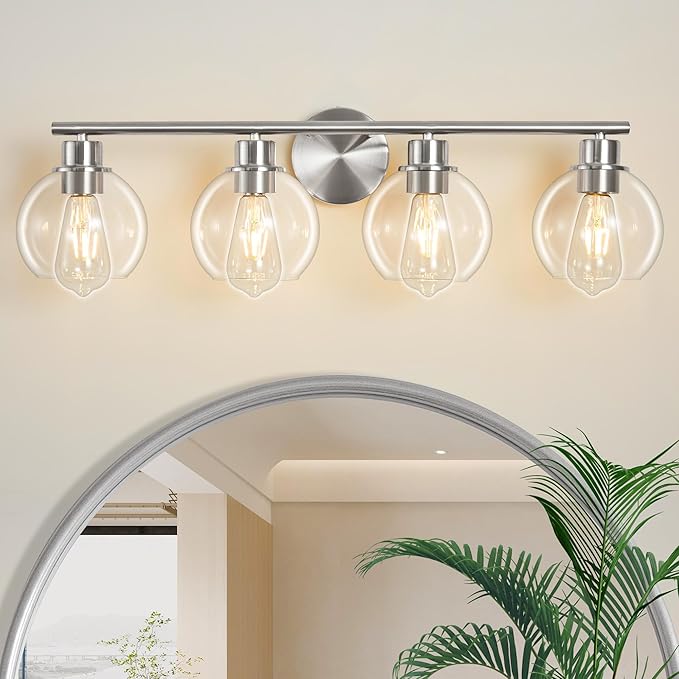 Bathroom Light Fixtures Over Mirror 4-Lights Bathroom Vanity Light with Clear Globe Glass Shade 29.5 inch Modern Brushed Nickel Vanity Lights Wall Sconce Lighting for Bath