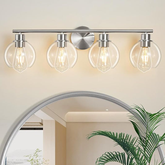 Bathroom Light Fixtures Over Mirror 4-Lights Bathroom Vanity Light with Clear Globe Glass Shade 29.5 inch Modern Brushed Nickel Vanity Lights Wall Sconce Lighting for Bath