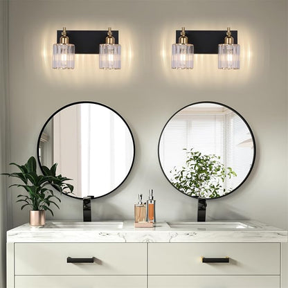 Black and Gold Bathroom Vanity Lights, 2-Light Crystal Bathroom Light Fixtures Over Mirror, 14 Inch Modern Farmhouse Vanity Light, Brass Gold Wall Sconces for Bath Mirror Kitchen Hallway Cabinet