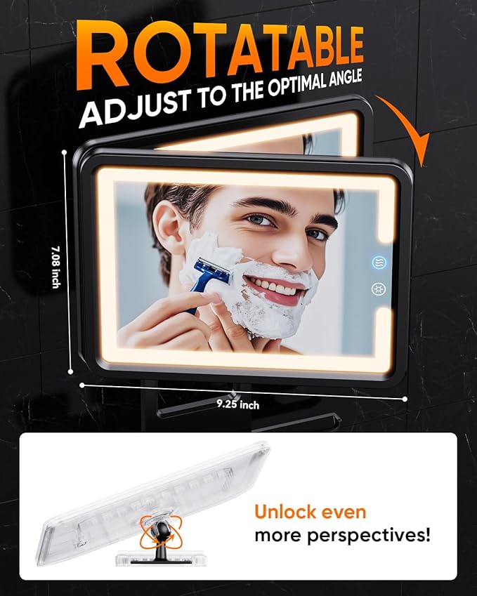 Heated Shower Mirror Fogless for Shaving (Gen 3) - 3 Colors Stepless Dimmable Lights, Anti-Fog Shaving Mirror with Razor Holder, No-Drilling, Removable - Black