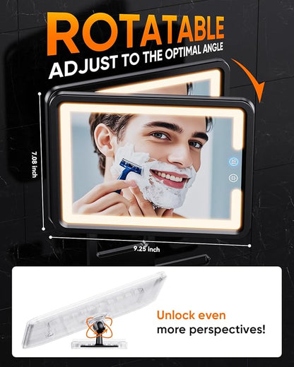 Heated Shower Mirror Fogless for Shaving (Gen 3) - 3 Colors Stepless Dimmable Lights, Anti-Fog Shaving Mirror with Razor Holder, No-Drilling, Removable - Black