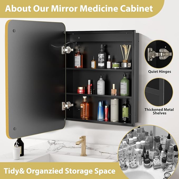 ROOMTEC Lighted Medicine Cabinet with Mirror 20"x30", Bathroom Mirror Cabinet with Lights and Storage, Single Doors Bathroom Wall Cabinet with LED Lights,Gold